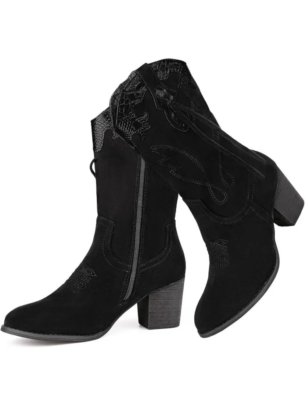 Women's Black Western Country High Heel Boots Suede Zipper Mid Calf Booties